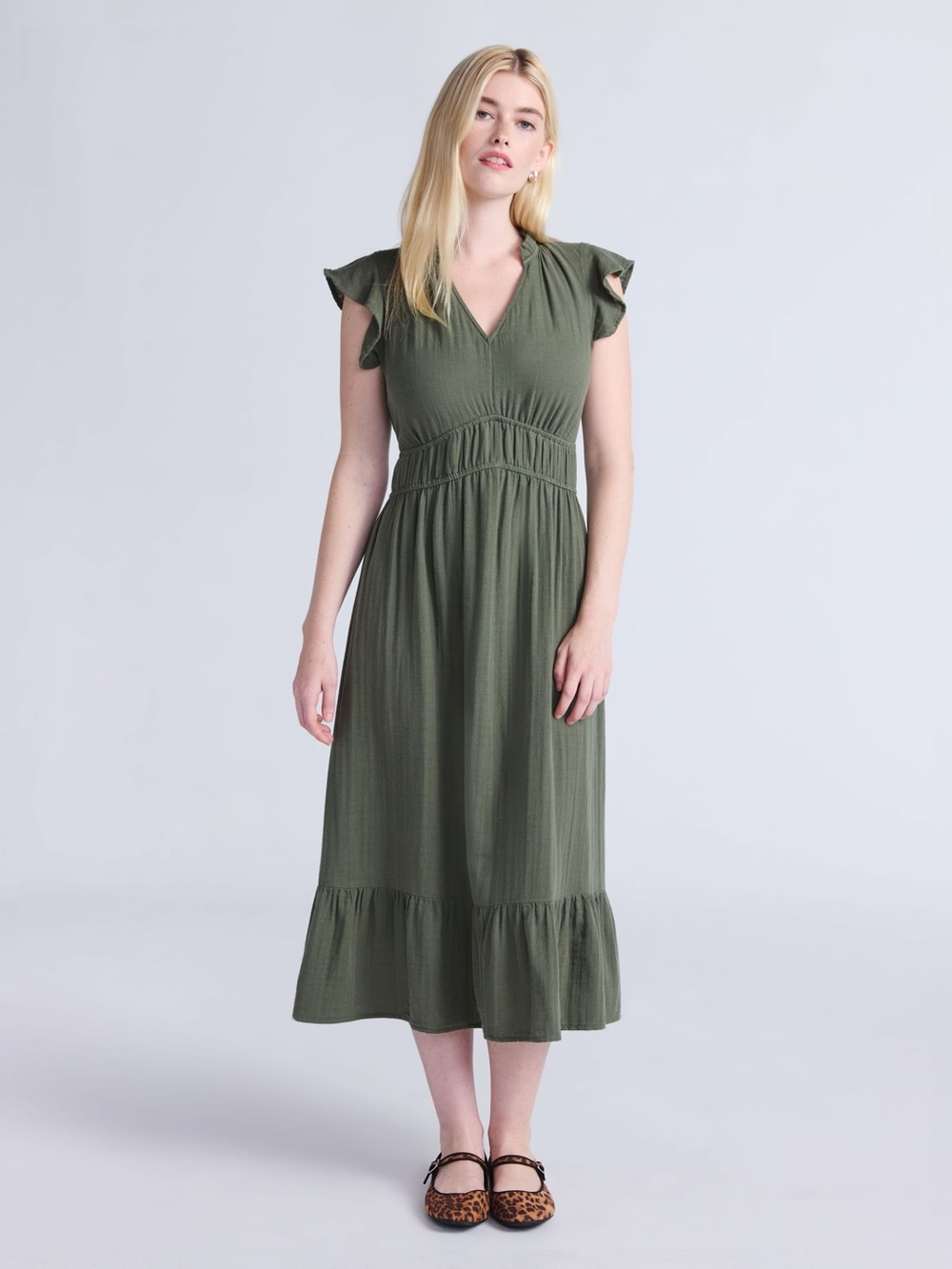 Time And Tru Olive Double Cloth Cotton Flutter Sleeve Smocked Midi Dress S